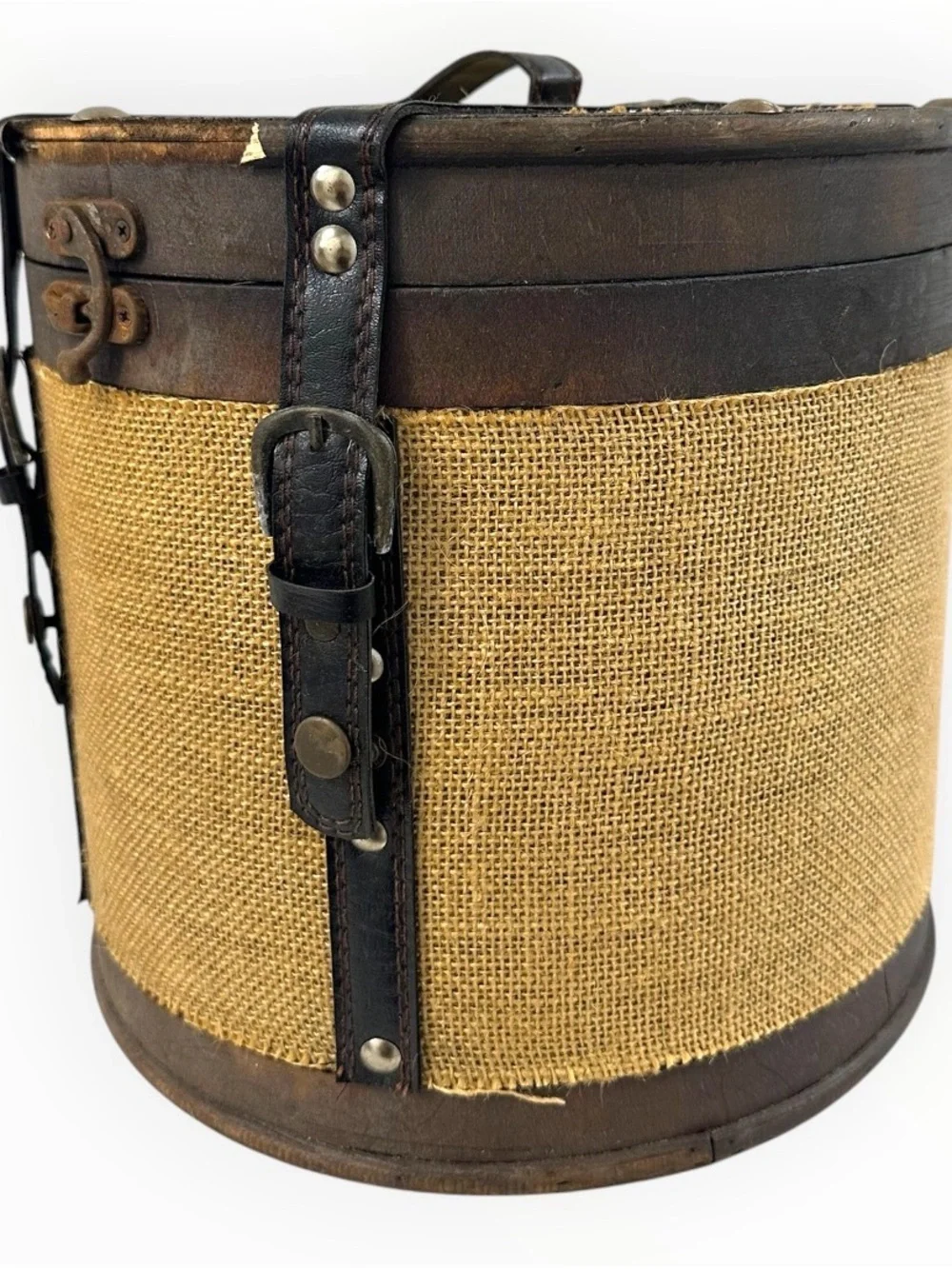 Rustic Round Wood Burlap Storage Box Vintage Style Home Decor 10.5”